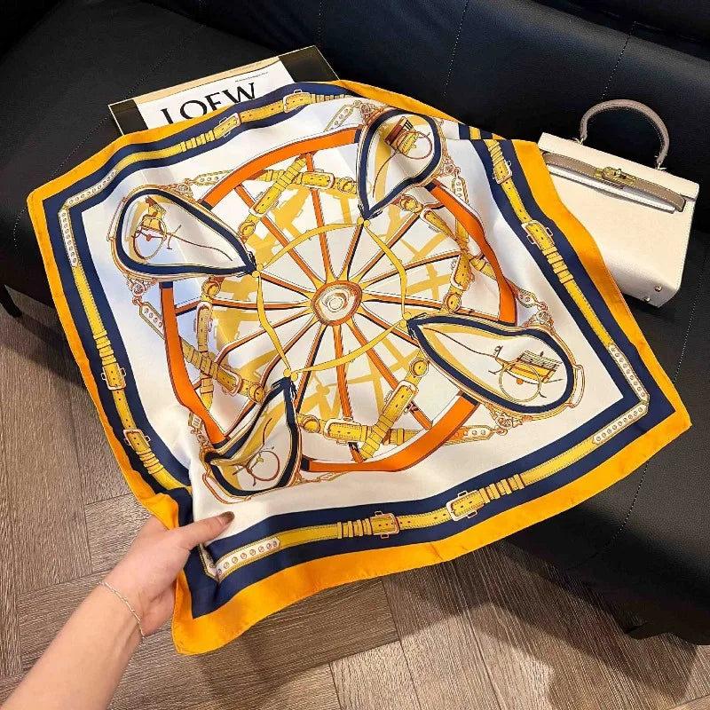 Luxury Design Skinny Silk Square Scarf Women Chain Print Foulard Neckerchief Lady Soft Satin Hairband Head Hijab Bag Ribbon Gift (Copie)