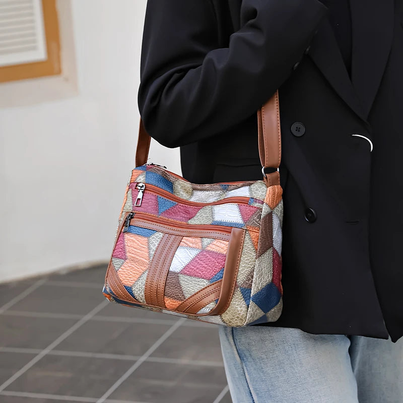 Women's  Crossbody Shoulder Bag, Lightweight Geometric Pattern, Multi-Layer Design, Secure Zipper Closure, Colorful Accessories (Copie)